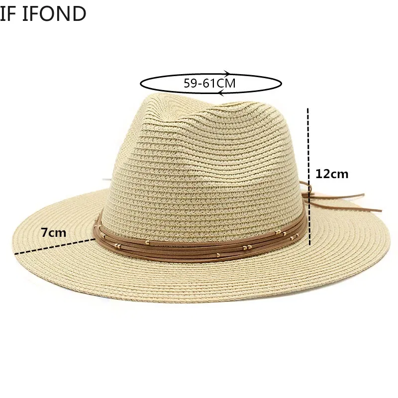Color: Pink, Size: L - Big Size 60CM New Straw Hat 7cm Brim Summer Cooling Beach Sun Hat Outdoor Party Panama Jazz Hat Sombreros De Mujer