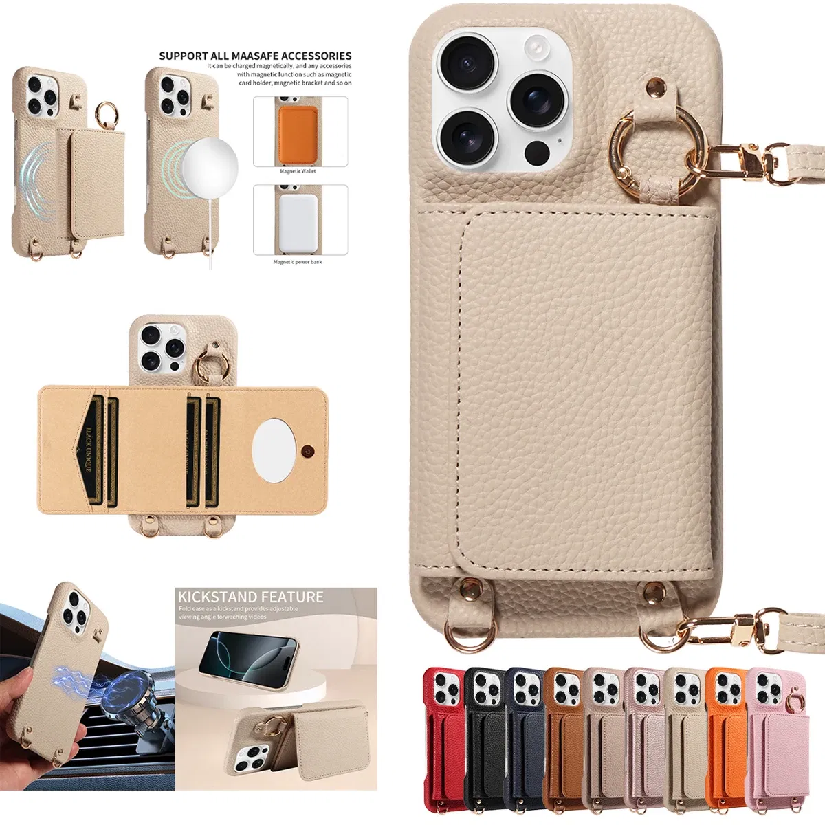 Color: Red, Bundle: Case & Strap, Material: Artificial Leather, Compatibility by Model: iPhone 12 - For IPhone16 15 Pro Max 14 13 12 Series PU Leather Magsafe Magnetic Wireless Charging Shockproof Crossbody Wallet Phone Case