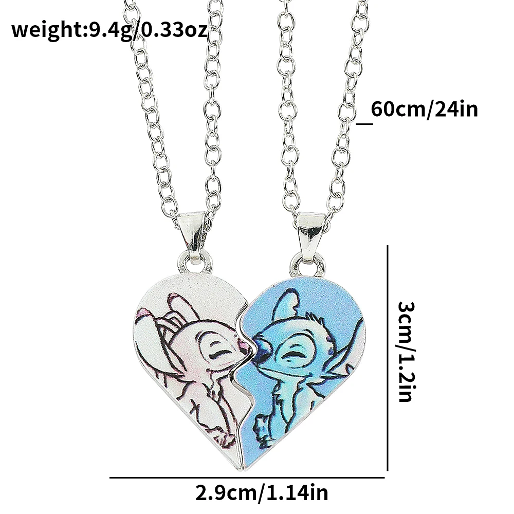 Metal Color: Blue white zinc plated - Disney-Stitch Heart Necklace for Couple, Gold and Silver Color, Angel and Stitch, Cute Style , Jewelry Pendant, Gift for Girl, 1