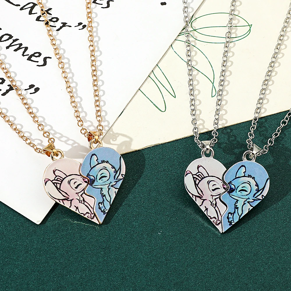 Metal Color: Blue white zinc plated - Disney-Stitch Heart Necklace for Couple, Gold and Silver Color, Angel and Stitch, Cute Style , Jewelry Pendant, Gift for Girl, 1