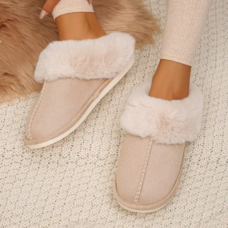 Color: Pink, Shoe Size: 36 - Closed Toe Warm Cotton Slippers Women Faux Fur Thicken Plush Winter Home Shoes Woman Lightweight Casual Indoor Slides Female