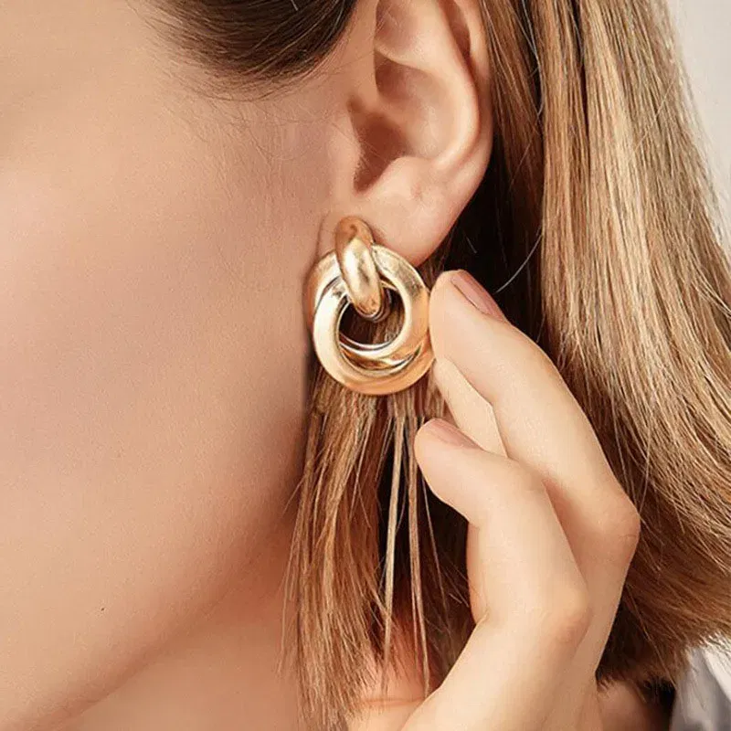 Metal Color: Pure Gold Color - Gold Color Metal Drop Earrings Irregular Hollow Heart Pendants Earrings Twisted Geometric Personality Earrings for Women