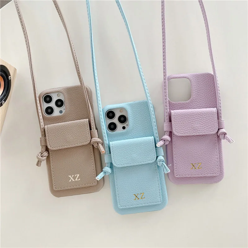 Color: SKY BLUE, Material: PC + TPU - Personalized Gold Silver Letters Leather PU Card Holder Lanyard Hard Case For iPhone 14 13 12 11 15 Pro Max XS XR 16  Plus Cover