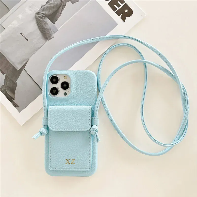 Color: SKY BLUE, Material: PC + TPU - Personalized Gold Silver Letters Leather PU Card Holder Lanyard Hard Case For iPhone 14 13 12 11 15 Pro Max XS XR 16  Plus Cover