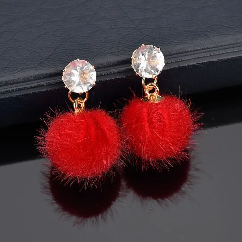 Metal Color: Hot Stamping - New Artificial Hair Dangle Earrings for Women Crystal Top Short Small Fluffy Ball Earrings Boho Fashion Jewelry brincos bijoux
