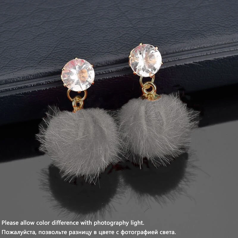 Metal Color: Hot Stamping - New Artificial Hair Dangle Earrings for Women Crystal Top Short Small Fluffy Ball Earrings Boho Fashion Jewelry brincos bijoux