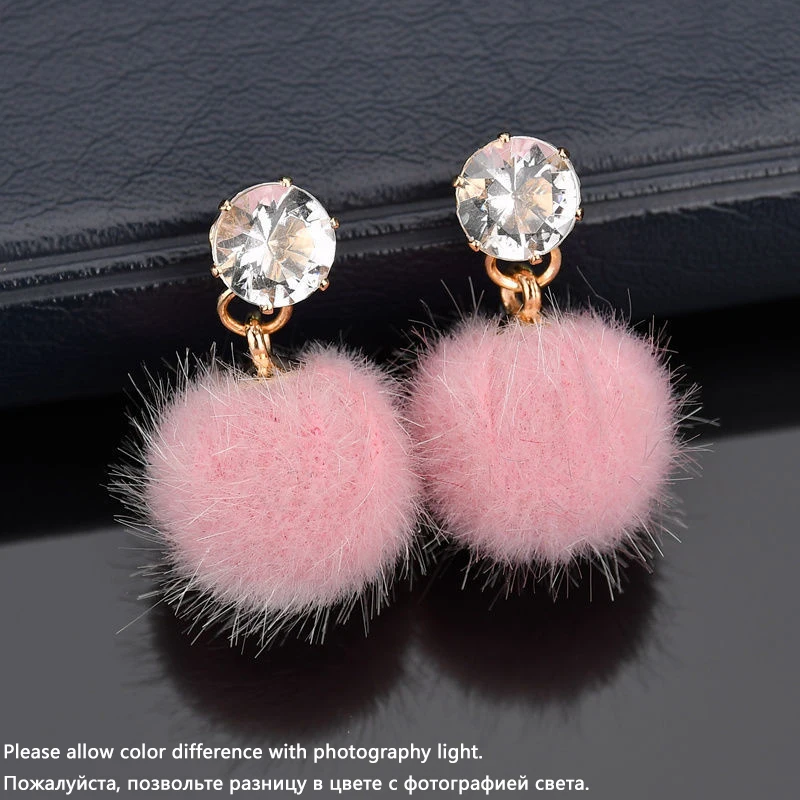Metal Color: Hot Stamping - New Artificial Hair Dangle Earrings for Women Crystal Top Short Small Fluffy Ball Earrings Boho Fashion Jewelry brincos bijoux