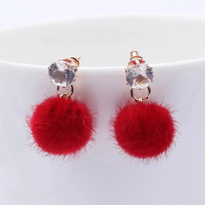 Metal Color: Hot Stamping - New Artificial Hair Dangle Earrings for Women Crystal Top Short Small Fluffy Ball Earrings Boho Fashion Jewelry brincos bijoux