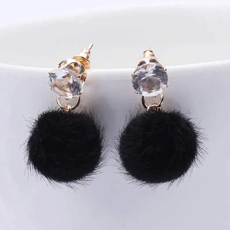 Metal Color: Hot Stamping - New Artificial Hair Dangle Earrings for Women Crystal Top Short Small Fluffy Ball Earrings Boho Fashion Jewelry brincos bijoux