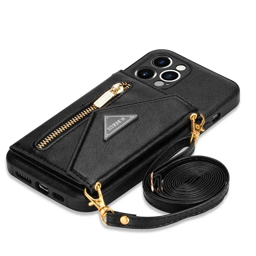Color: Brown, Material: Genuine Leather - Wallet Side Card Zipper Flip Crossbody Leather Case For iPhone 15 14 Pro Max 13 Mini 12 11 SE 2022 2020 X XS XR 8 7 6 6s Plus