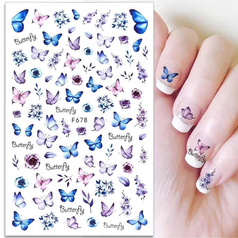 Color: Sliver - 3D Blue Butterfly Adhesive Stickers Nail Art Decoration Laser Flowers Leaves Nail Sticker Nail Art Supplies Nail Parts