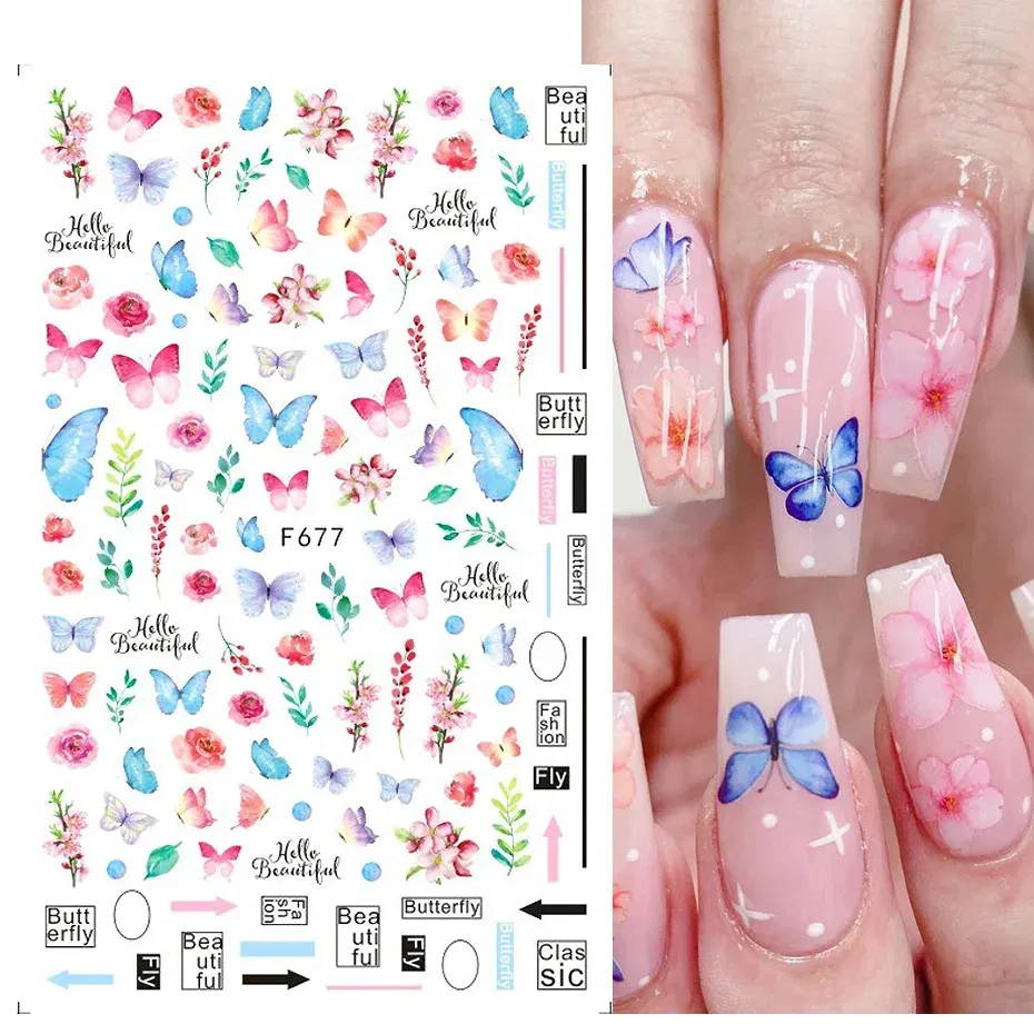Color: Sliver - 3D Blue Butterfly Adhesive Stickers Nail Art Decoration Laser Flowers Leaves Nail Sticker Nail Art Supplies Nail Parts
