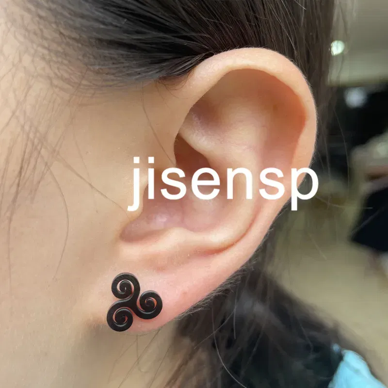 Metal Color: Pure Gold Color, Main Stone Color: Red - Cartoon The Movie Teen Wolf Triskele Triskelion Inspired Earrings Punk Stainless Steel Jewelry Triple Spiral Ear Studs Women Men