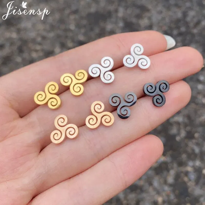 Metal Color: Pure Gold Color, Main Stone Color: Red - Cartoon The Movie Teen Wolf Triskele Triskelion Inspired Earrings Punk Stainless Steel Jewelry Triple Spiral Ear Studs Women Men