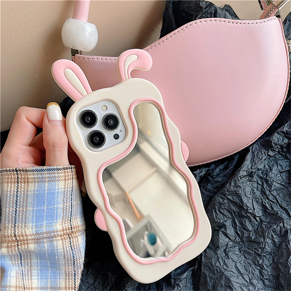 Color: Beige, Material: Microfiber - Cute Bunny Ears Mirror Phone Case For iPhone 15 14 Plus 13 12 11 Pro Max Shockproof Silicone Case