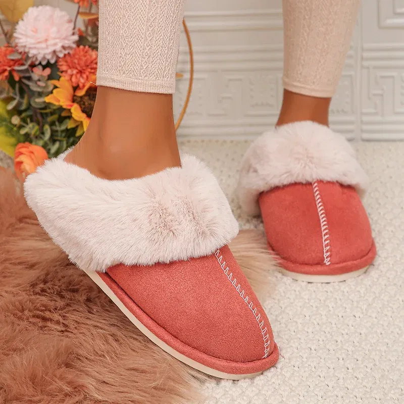 Color: Dark Grey, Shoe Size: 40 - Closed Toe Warm Cotton Slippers Women Faux Fur Thicken Plush Winter Home Shoes Woman Lightweight Casual Indoor Slides Female