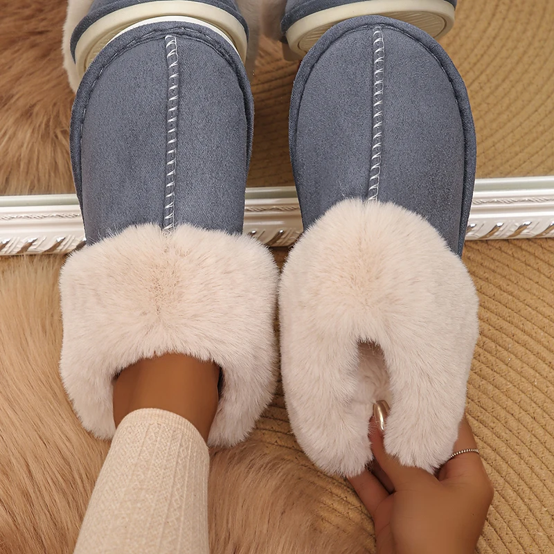 Color: Dark Grey, Shoe Size: 40 - Closed Toe Warm Cotton Slippers Women Faux Fur Thicken Plush Winter Home Shoes Woman Lightweight Casual Indoor Slides Female