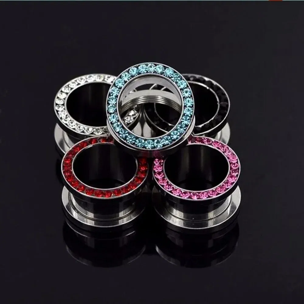 Metal color: ROSE GOLD COLOR, Main Stone Color: black - 2pc Steel Multicolour Crystal Ear Plug Flesh Tunnel 8g ( 3mm ) - 1" ( 25mm ) Gauge Expander Stretcher Screw Fit