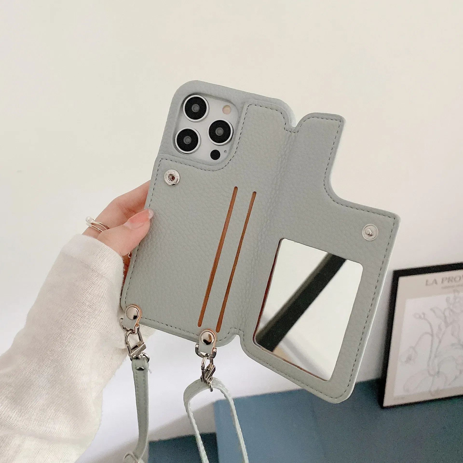 Material: Cotton Fabric, Color: Brown - Zipper Wallet Makeup Mirror Crossbody Lanyard Case For iPhone 16 15 14 Pro Max 13 12 11 XR XS 7 8 Plus Card Slot Leather Cover