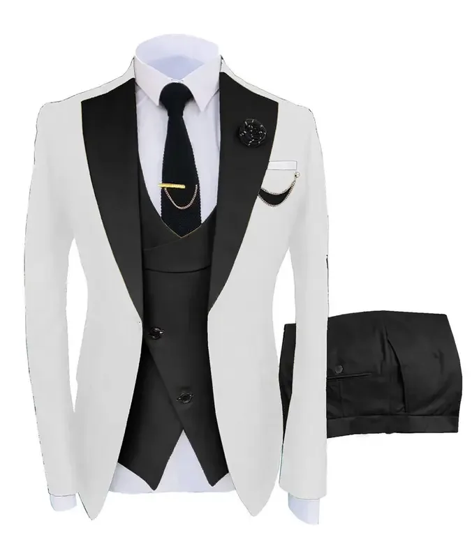 Color: Beige, Size: XXL - 3pcs Men Coat Business Formal Slim Fit Suit Costumes Pour Homme Set Party Vest Pants Wedding Blazer Verde Hombre Terno Masculino