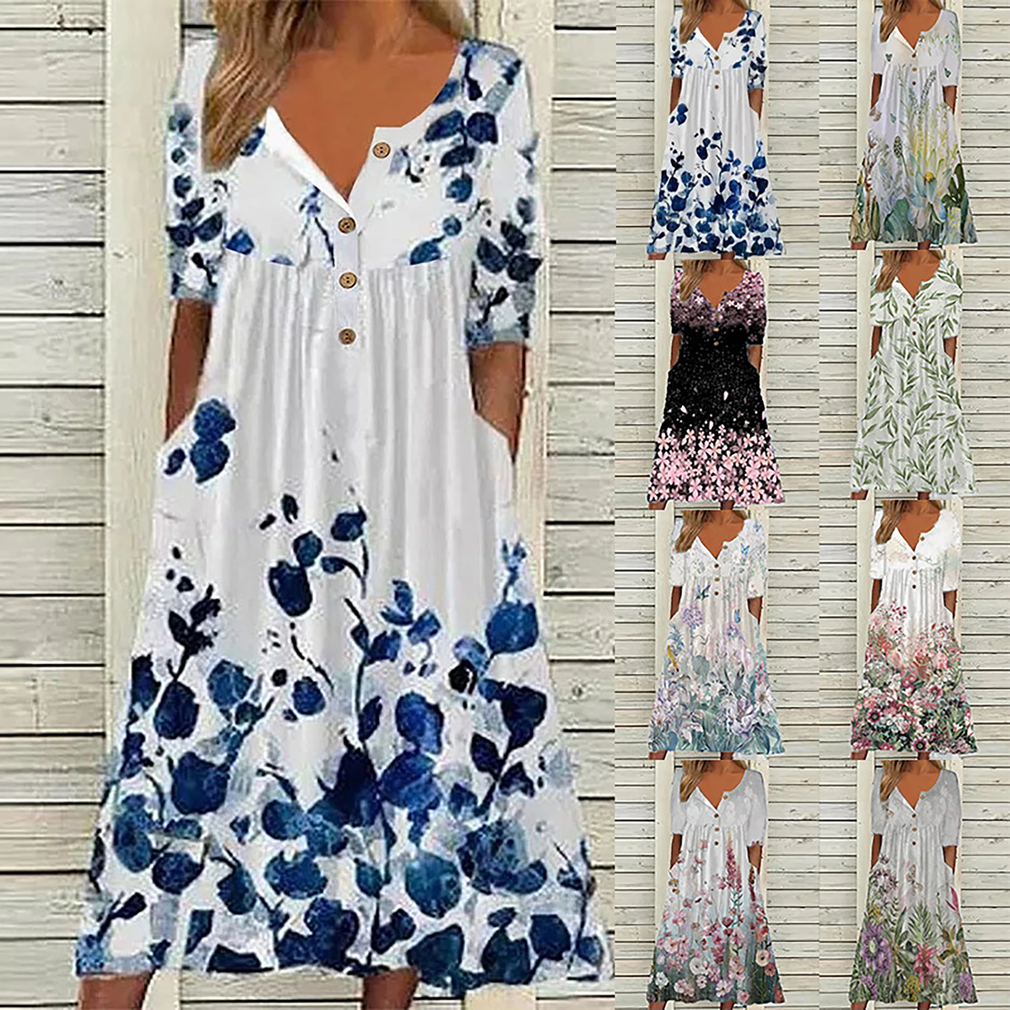 Color: Blue, Size: 4XL - 2024 Europe and the United States spring new fashion printed V-neck button short sleeve plus size women's size women's pocket
