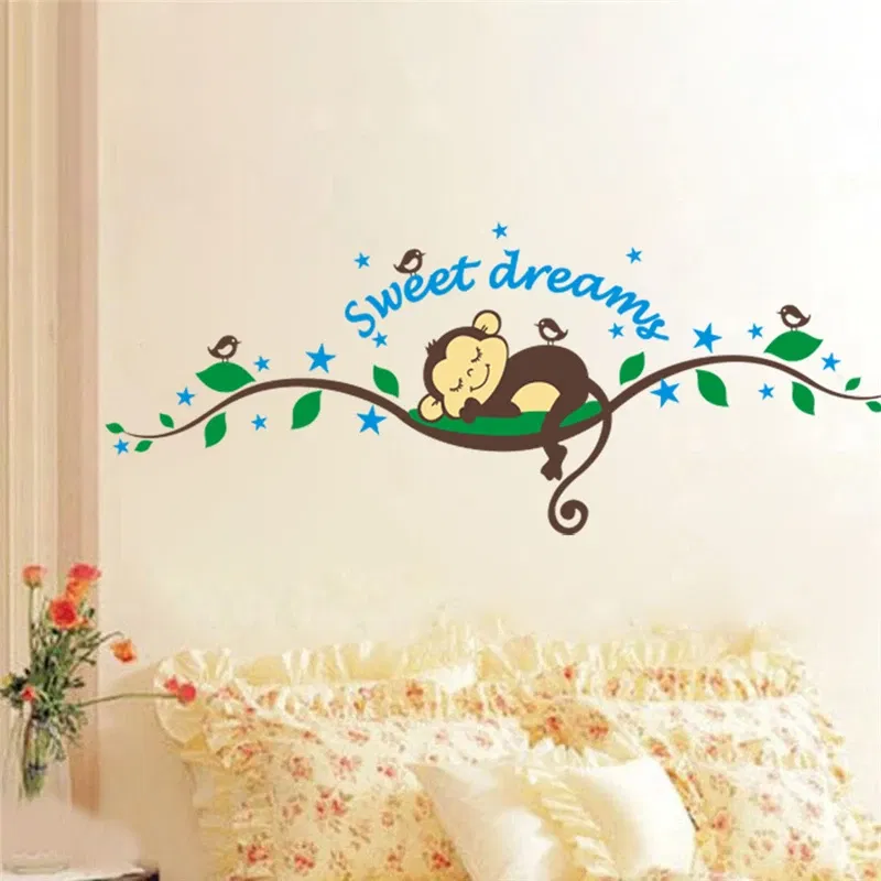 Color: MULTI - Funny Animals Bird Swinging Wall Stickers Kids Room Decoration Diy Cartoon Monkey Giraffe Lion Mural Art Pvc Posters Home Decals