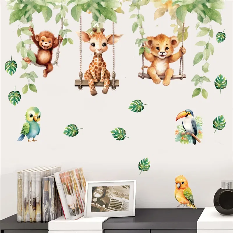 Color: MULTI - Funny Animals Bird Swinging Wall Stickers Kids Room Decoration Diy Cartoon Monkey Giraffe Lion Mural Art Pvc Posters Home Decals