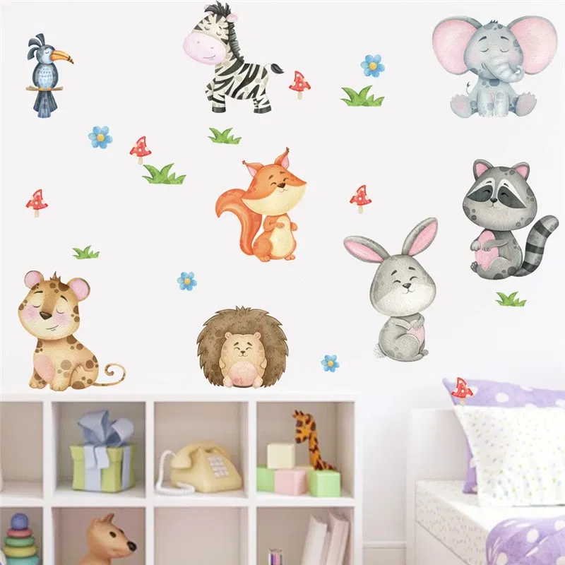 Color: MULTI - Funny Animals Bird Swinging Wall Stickers Kids Room Decoration Diy Cartoon Monkey Giraffe Lion Mural Art Pvc Posters Home Decals