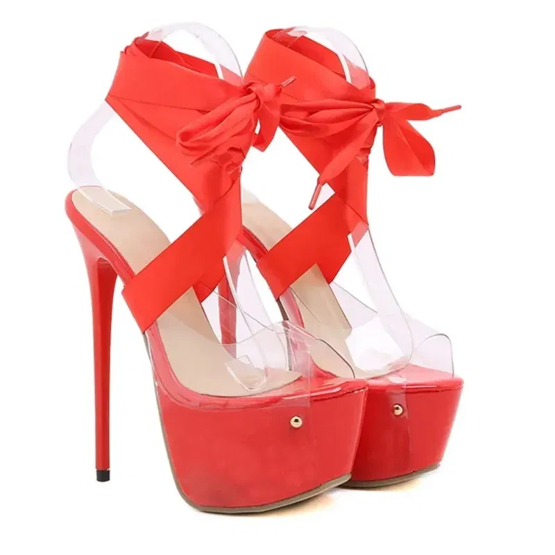 Color: Red, Shoe Size: 37 - Black Sexy Thigh High Broad Band Strap Platform Sandals Women Transparent Peep Toe Club/Party Stripper 16CM Stiletto Shoes