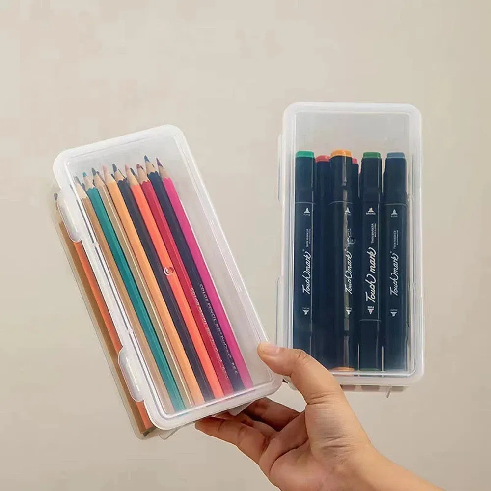 Color: WHITE - 1/2/3/4pcs Plastic Translucent Pencil Case Large Capacity Pencil Boxes Portable Storage Organizer Box Student Office Supplies