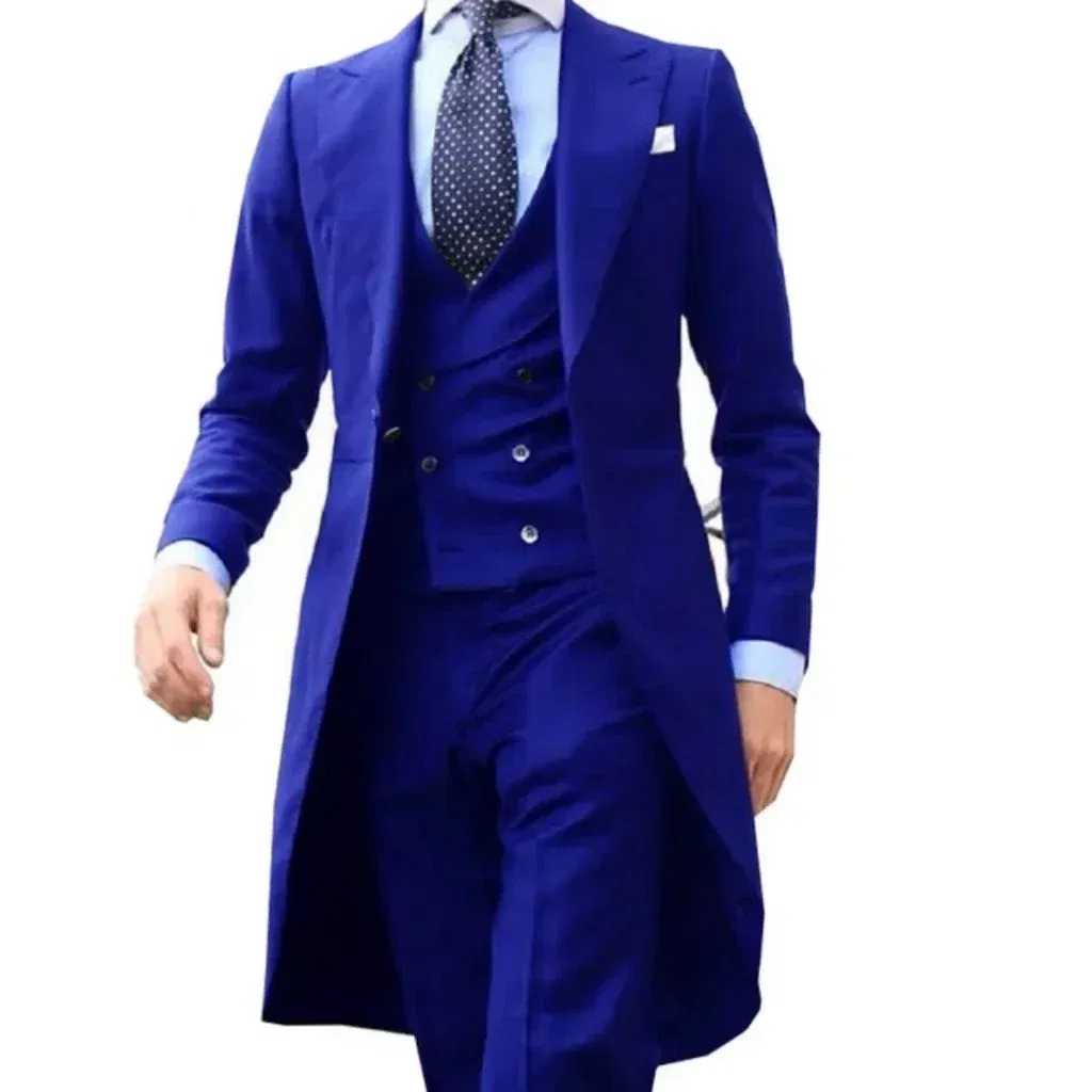 Color: ROYAL BLUE, Size: XXS - Elegant man suit Slim Fit Suit Luxury Formal Tuxedos Wedding 3 Pieces Blazer Vest Pants Set Long Tail Coat One Button Custom