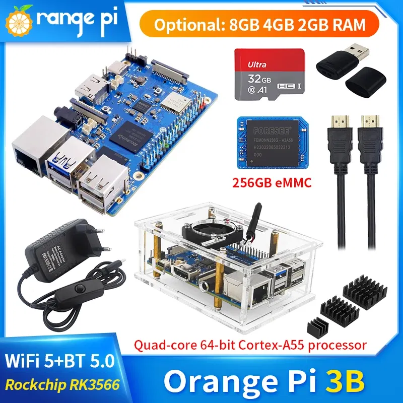 Bundle: Bundle 8, Color: Black - Orange Pi 3B 8GB 4GB 2GB RAM Rockchip RK3566 WiFi5+BT 5.0 Gigabit LAN Port Single Board Run Android Linux OpenHarmony OS Mini PC