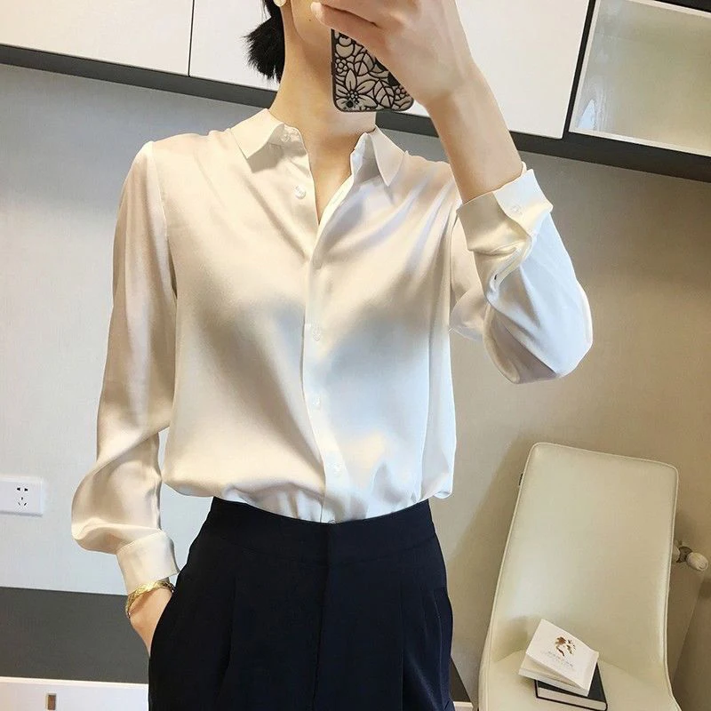 Color: WHITE, Size: L - All-match Satin Finish Shirts And Blouses Women Clothing Casual Top OL Long Sleeve Button Elegant Shirts French Solid Blouses
