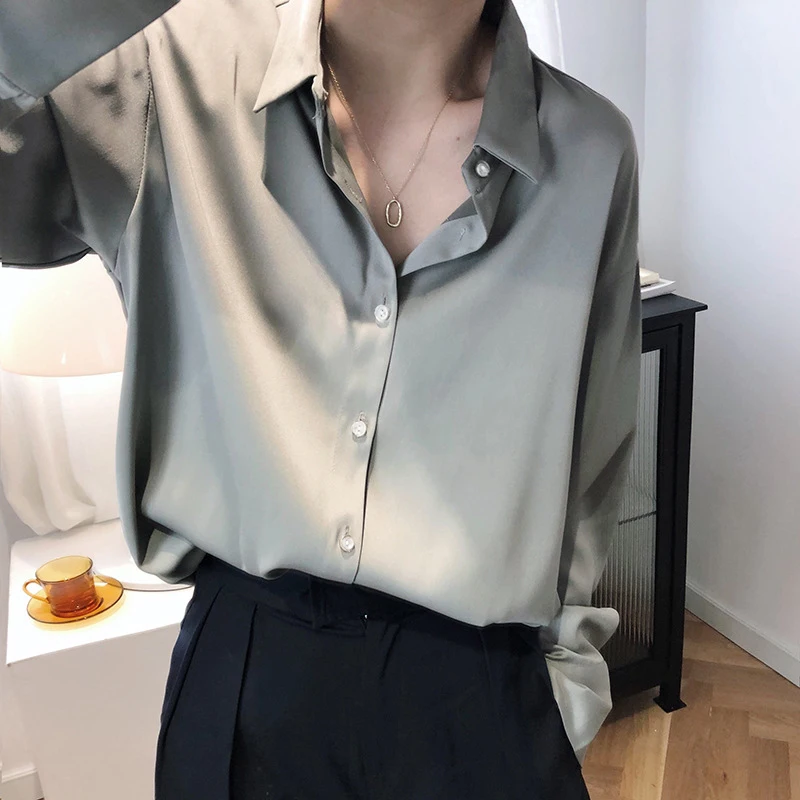 Color: WHITE, Size: L - All-match Satin Finish Shirts And Blouses Women Clothing Casual Top OL Long Sleeve Button Elegant Shirts French Solid Blouses