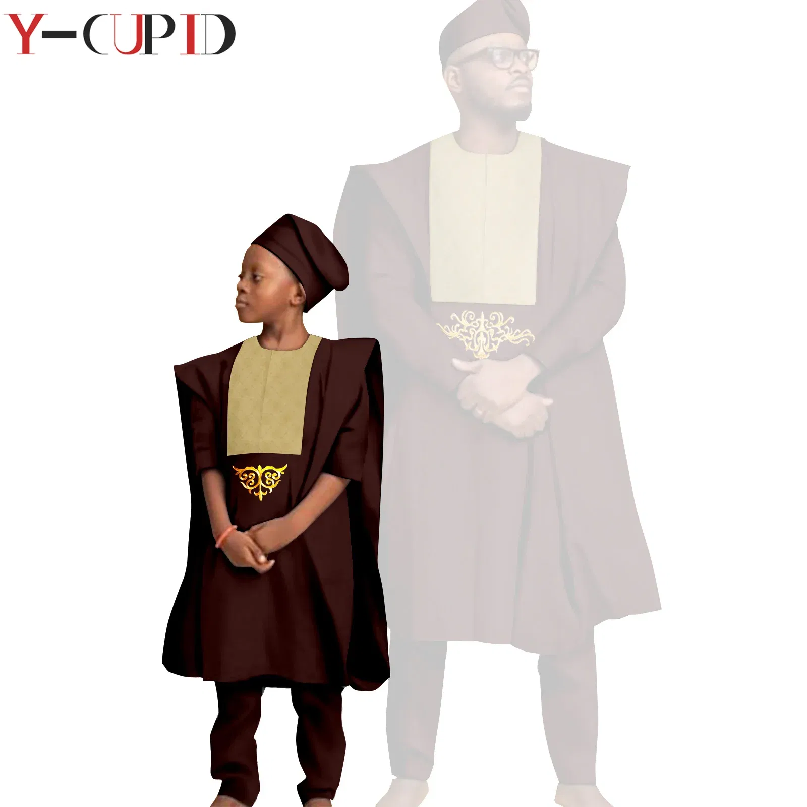 Color: GRAY, Size: XS - African Clothes for Men Top Pants Robes Hat Sets Match Kid Boy Sets Dashiki Father and Son Bazin Riche Family Outfits Y20F001