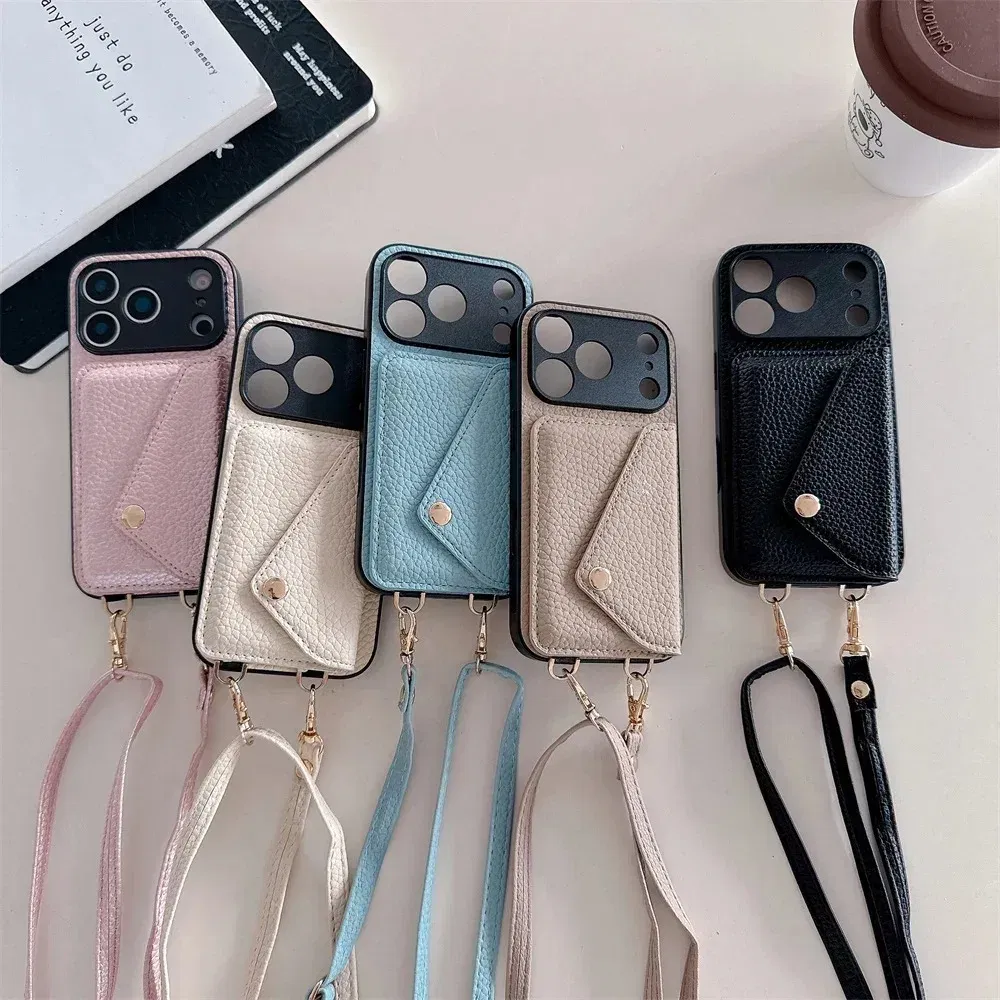 Material: Carbon Fiber, Color: Brown - Crossbody wallet card holder phone case For iPhone 17Air 16, 15, 14, 13, 12, 11 Pro Max, XR with lanyard protective cover