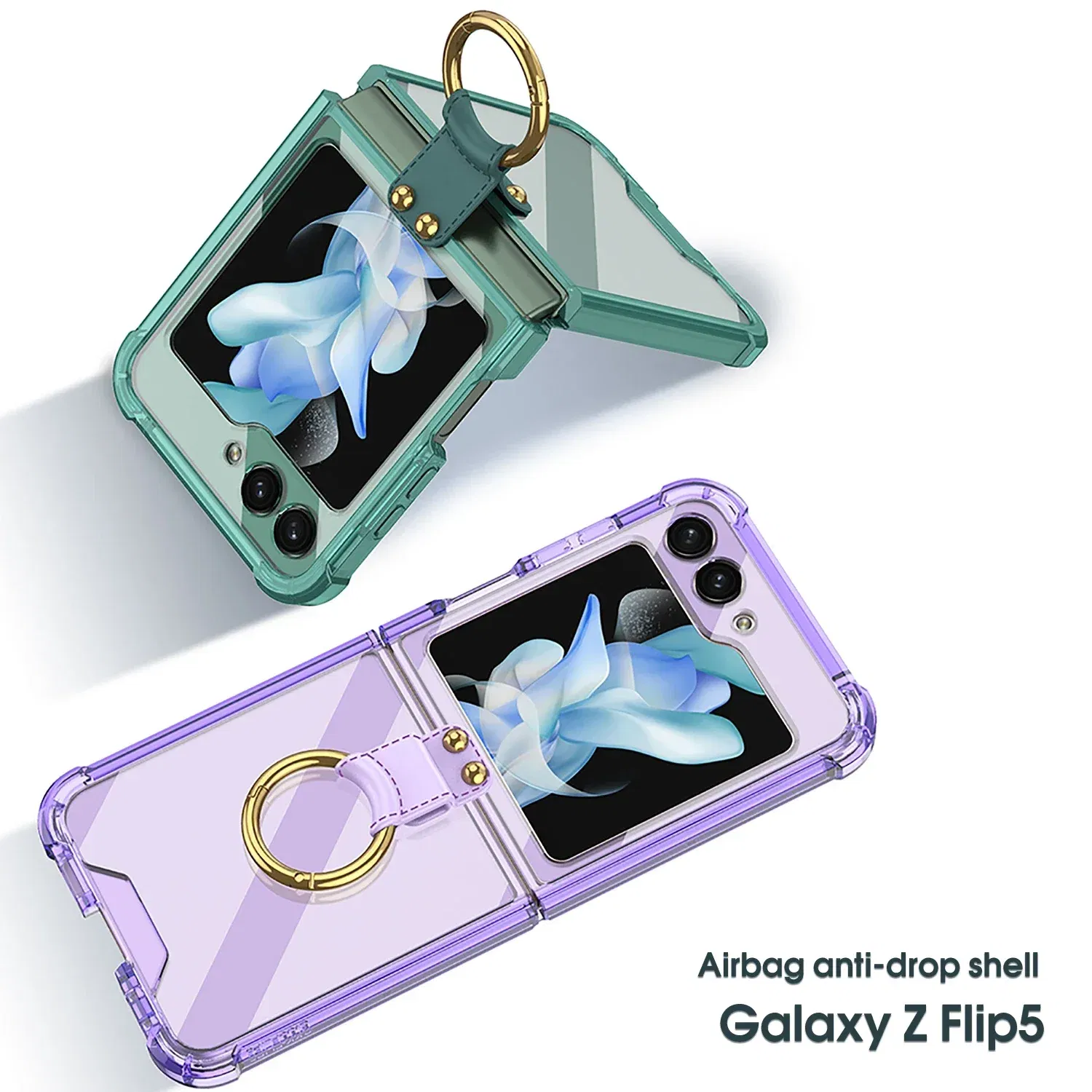 Material: Aluminum, Color: Blue - Transparent Electroplated Airbag Ring Phone Case for Samsung Galaxy Z Flip 5 4 3 5G Flip5 Flip4 Flip3 5G Stand Shockproof Cover