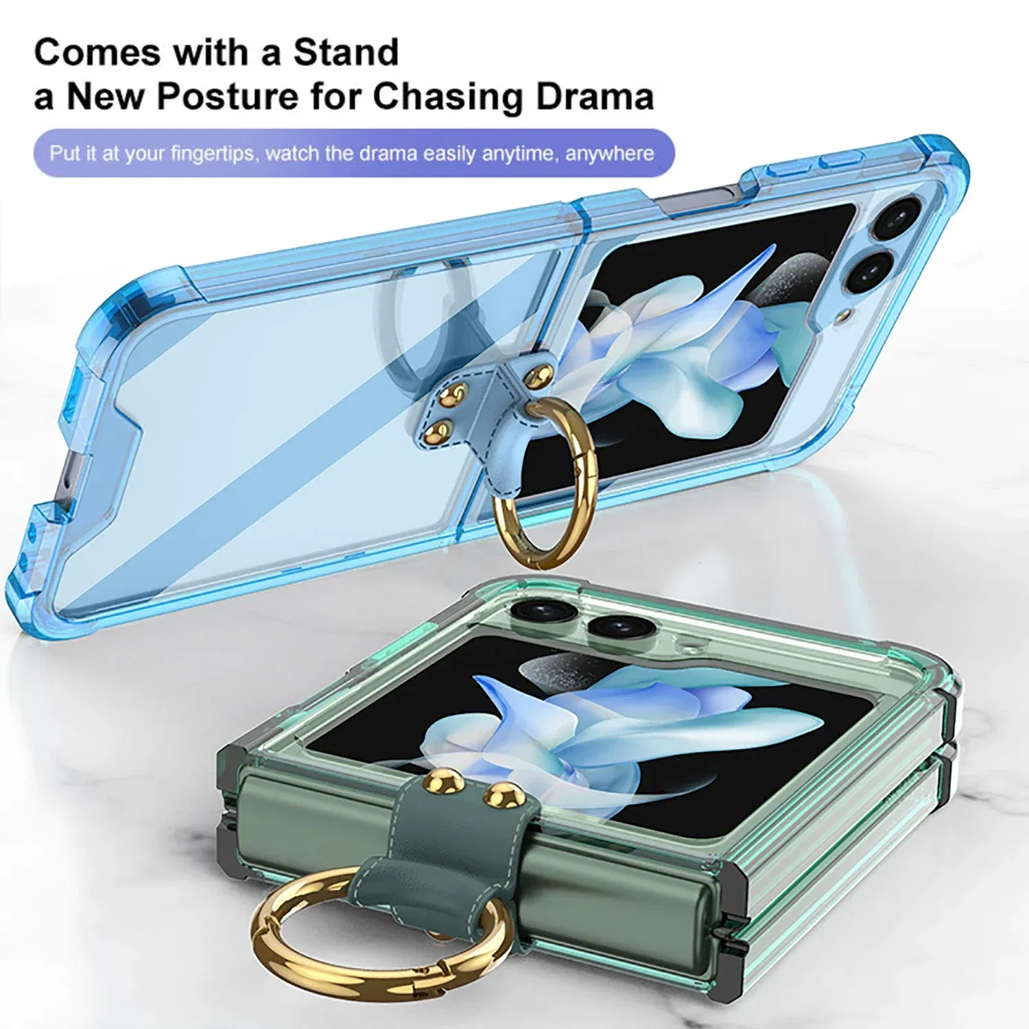 Material: Aluminum, Color: Blue - Transparent Electroplated Airbag Ring Phone Case for Samsung Galaxy Z Flip 5 4 3 5G Flip5 Flip4 Flip3 5G Stand Shockproof Cover