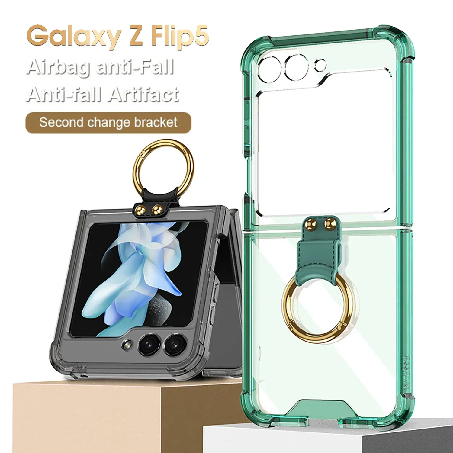 Material: Aluminum, Color: Blue - Transparent Electroplated Airbag Ring Phone Case for Samsung Galaxy Z Flip 5 4 3 5G Flip5 Flip4 Flip3 5G Stand Shockproof Cover