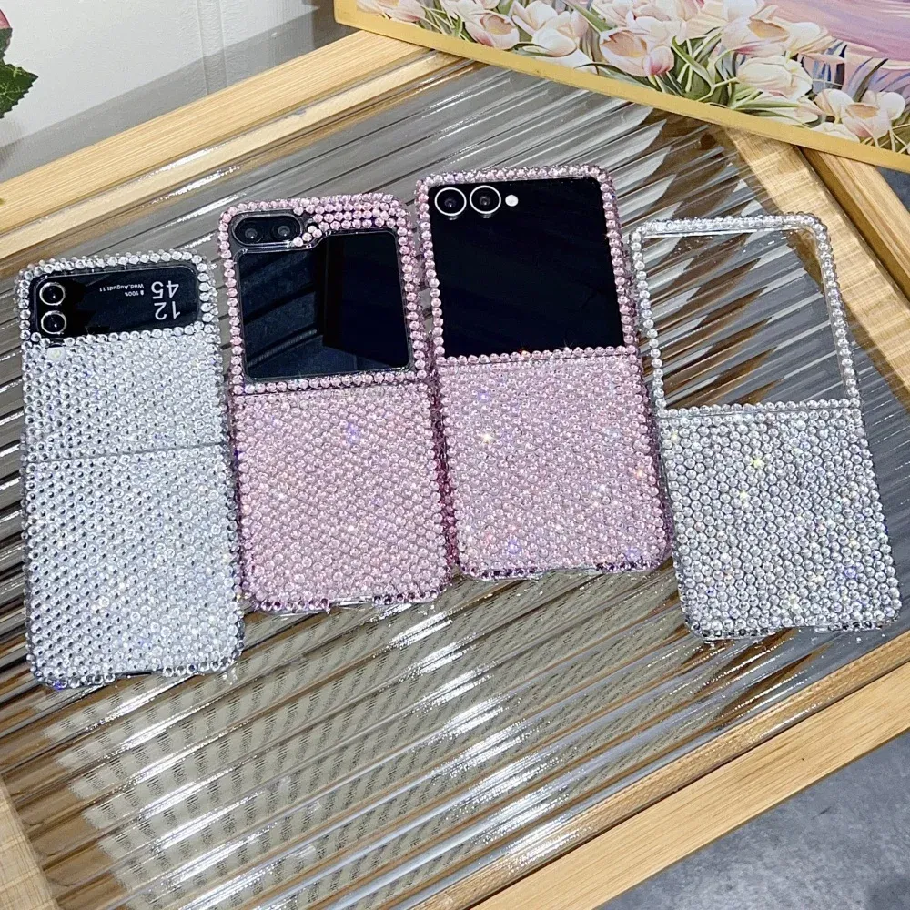 Color: Beige, Material: ABS - Full Shiny Diamonds Cover Funda For Samsung Galaxy Z Flip 7 Wrist Strap Case For Samsung z flip 6 zflip5 zflip4 3 Luxury Case