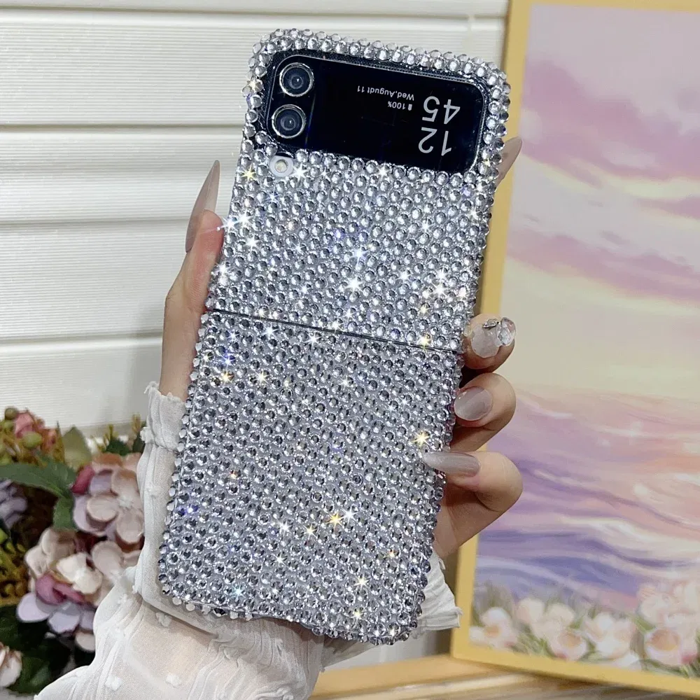 Color: Beige, Material: ABS - Full Shiny Diamonds Cover Funda For Samsung Galaxy Z Flip 7 Wrist Strap Case For Samsung z flip 6 zflip5 zflip4 3 Luxury Case