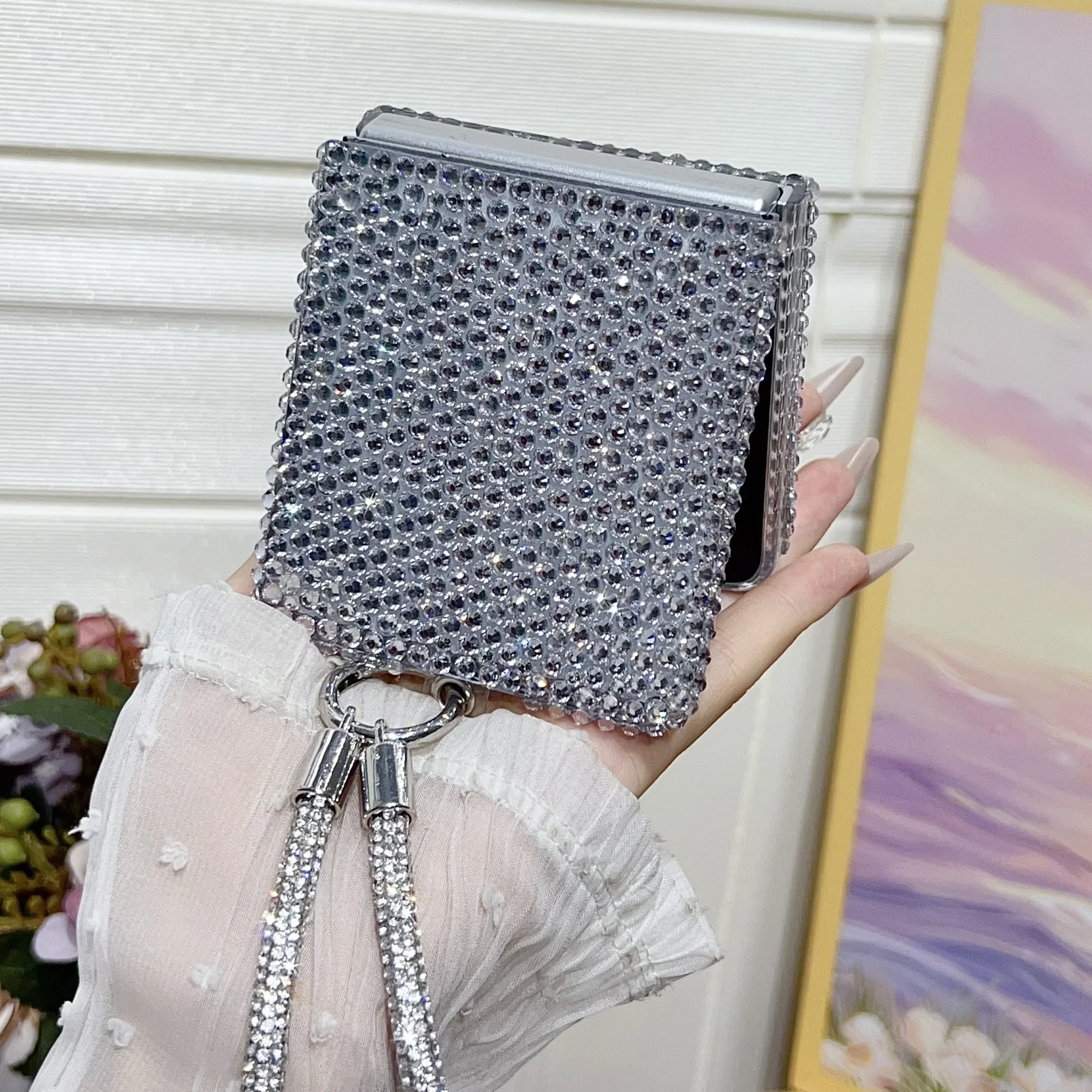 Color: Beige, Material: ABS - Full Shiny Diamonds Cover Funda For Samsung Galaxy Z Flip 7 Wrist Strap Case For Samsung z flip 6 zflip5 zflip4 3 Luxury Case