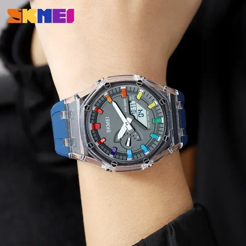 Color: Silver, Ships From: CHINA - SKMEI Waterproof Men Watch Countdown Stopwatch Led Light Electronic Movement Wristwatch 5Alarm Clock 2 Time Digital Watches 2100