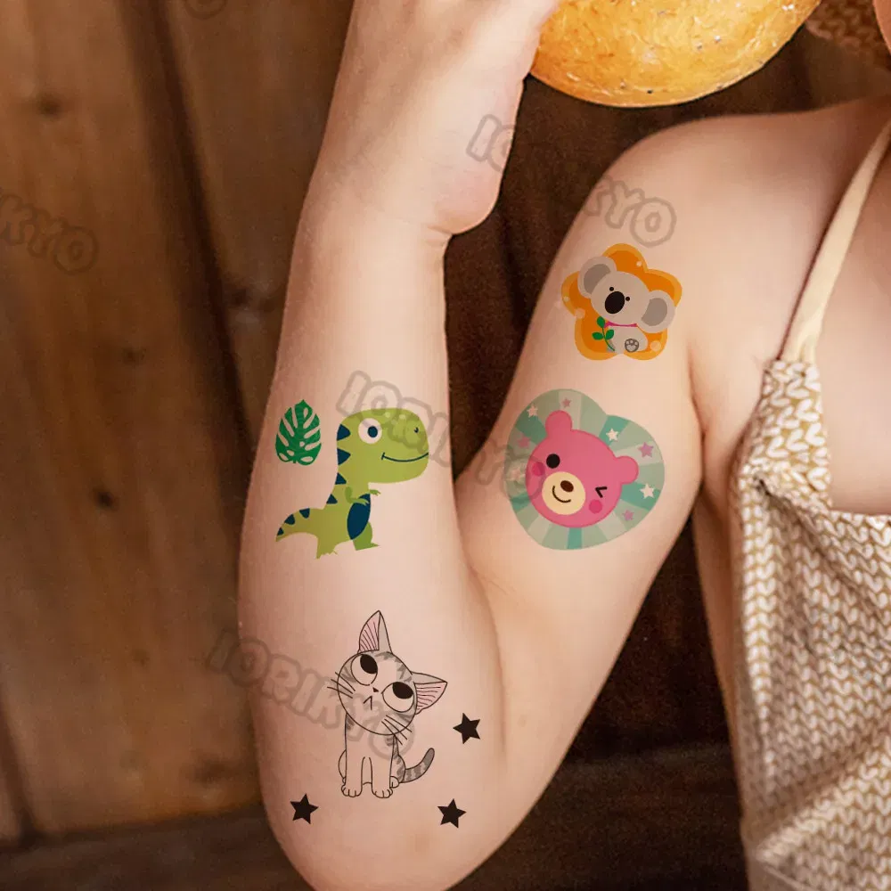 Color: apple green - Watercolor Cat Bear Temporary Tattoos For Kids Children Boys Girls Fake Cute Dinosaur Tattoo Stiker Koala Star Face Tatoos Hands