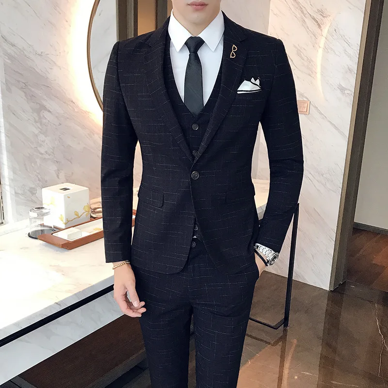 Color: GRAY, Size: XL - Gray Men Classic Striped/Checked Suits, Business Office 3 Piece, Asian Size Slim Fit Men Dress Jacket & Pants with Vest, S-4XL