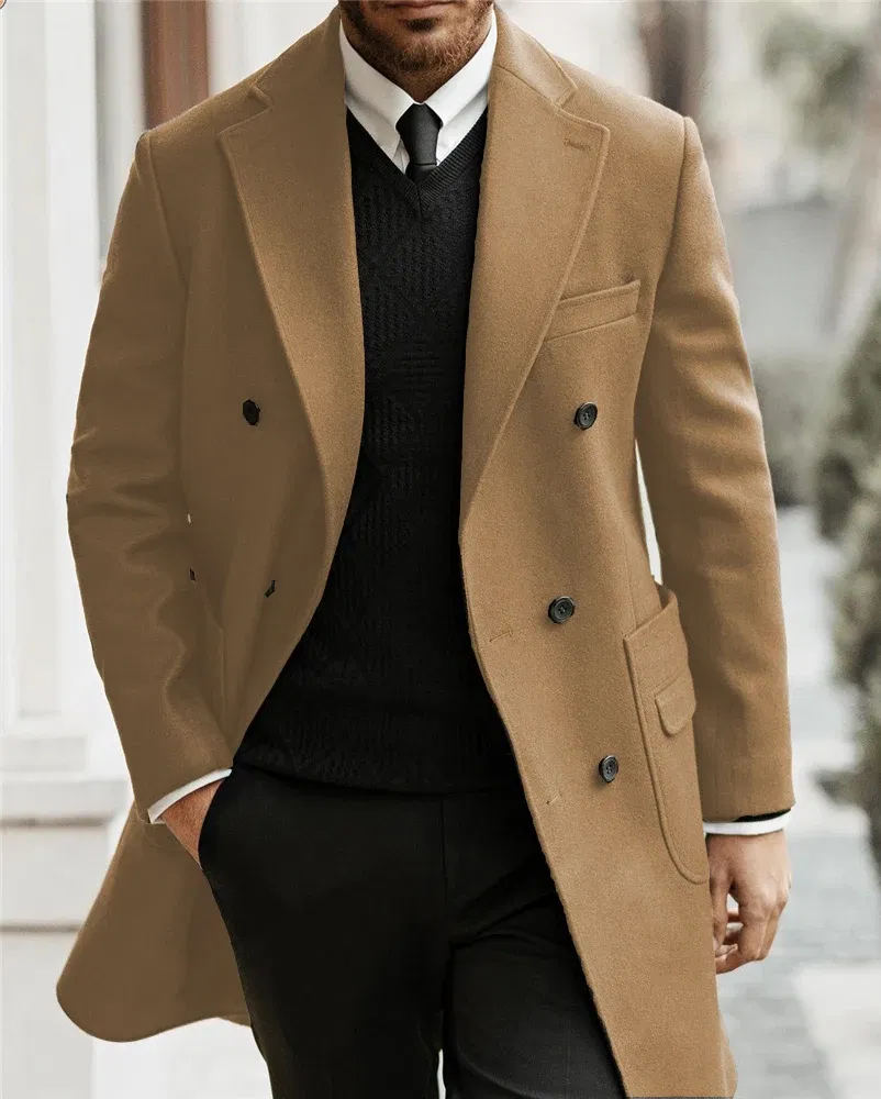 Color: Beige, Size: XXS - Classic Man Trench Coat Customized Notched Lapel Full Man Terno Double Breasted Elegant Gentleman Long Coat Men's Winter Jacket