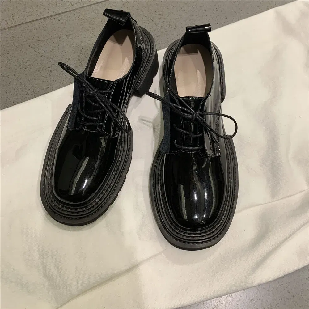 Color: Blue, Shoe Size: 6 - MILI-MIYA New Arrival Thick Heels Women Cow Patent Leather Pumps Lace Up Round Toe Fashion Street Casual Shoes Size 34-42