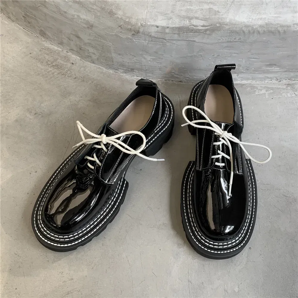 Color: Blue, Shoe Size: 6 - MILI-MIYA New Arrival Thick Heels Women Cow Patent Leather Pumps Lace Up Round Toe Fashion Street Casual Shoes Size 34-42
