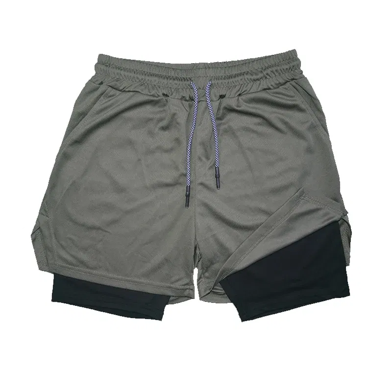 Color: Khaki, Size: XL - Men's Double Layer Fitness Shorts Drawstring Mesh Lining Elastic Waist Breathable Quick Dry to Beach Pool Summer Male