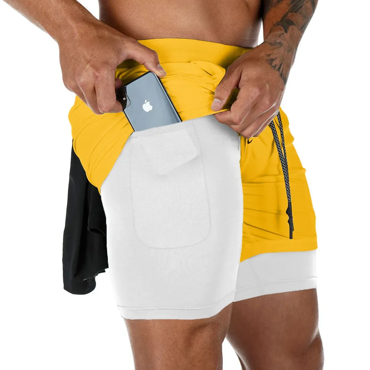 Color: Khaki, Size: XL - Men's Double Layer Fitness Shorts Drawstring Mesh Lining Elastic Waist Breathable Quick Dry to Beach Pool Summer Male